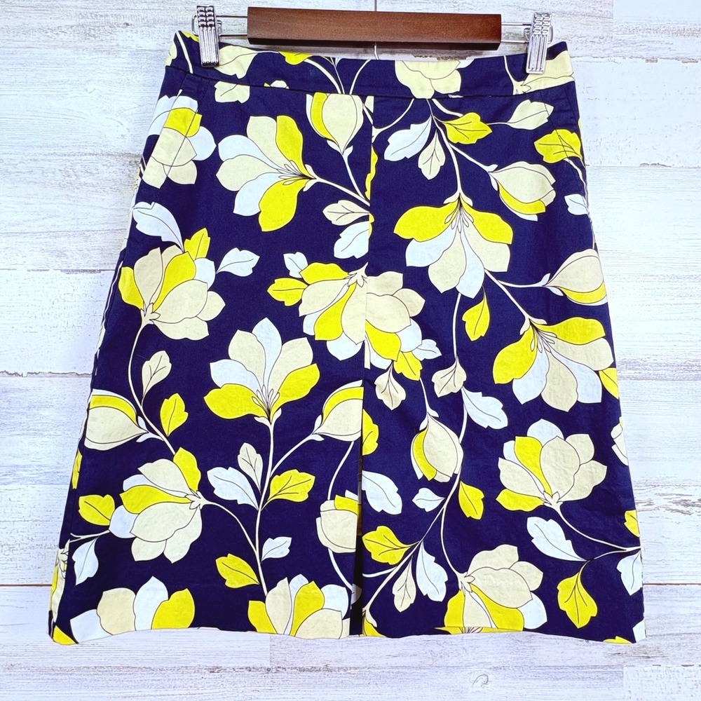 Talbots Petites Navy Floral‎ Yellow White A-Line Knee Length Skirt Size 4P